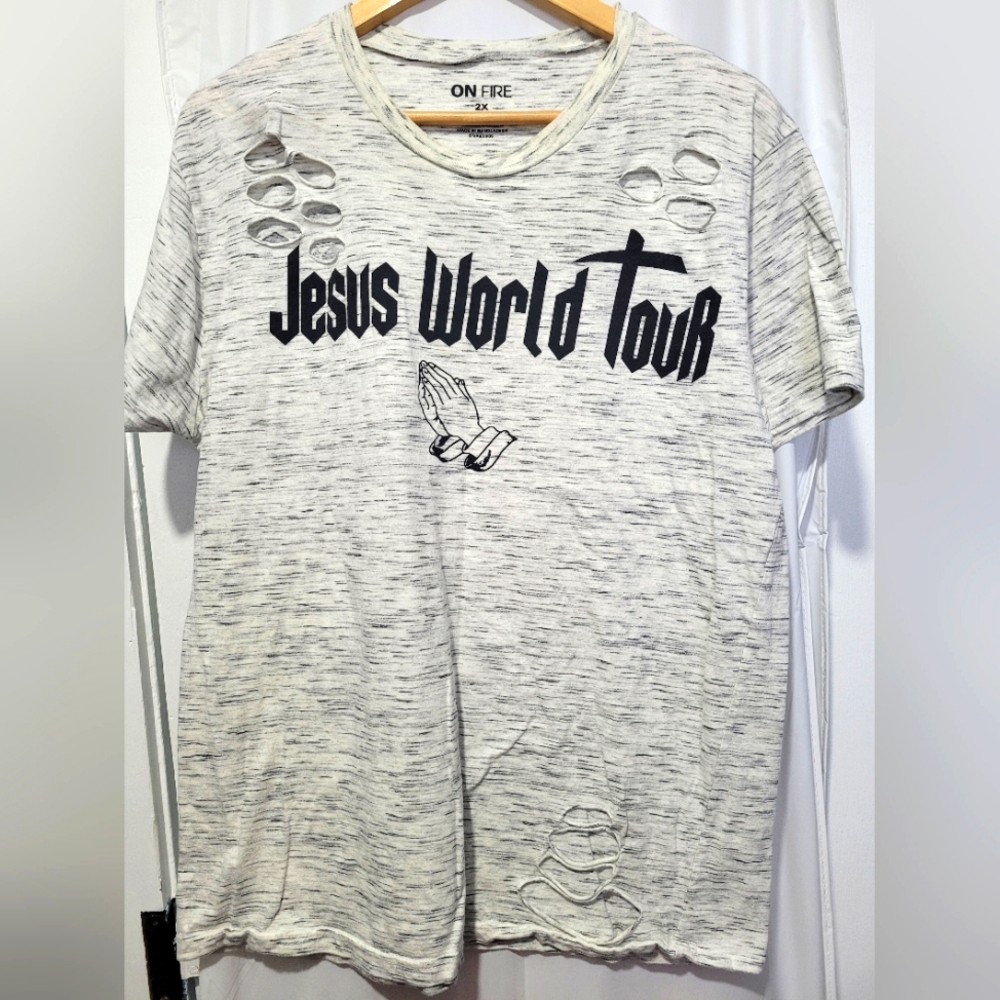 Marled grey distressed lightweight "jesus world tour" t-shirt size 2XL